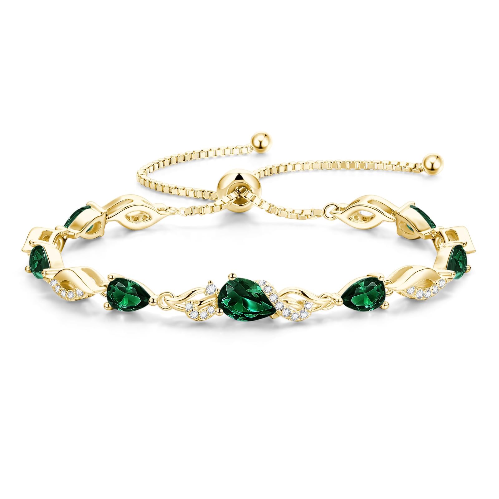 FANCIME May Birthstone Teardrop Emerald Tennis Bracelet for Women, 14K Gold Plated Sterling Silver Adjustable Slider Bracelet Fine Jewelry Anniversary Birthday Gifts for Women Mom Wife Her