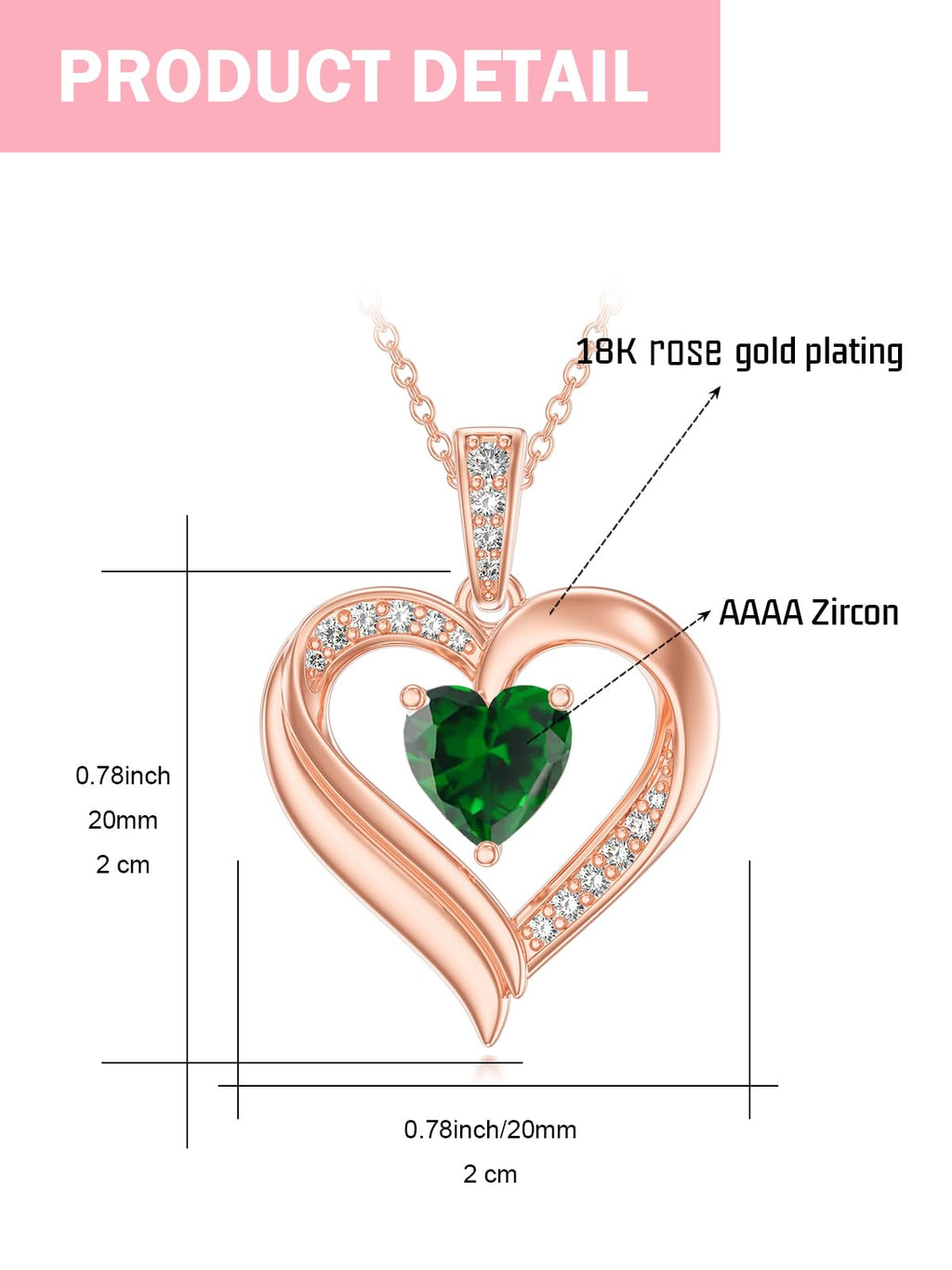 KQ&TTENG Necklace for Women Rose Gold Heart Emerald Pendant May Birthstone Necklace Jewellery Birthday Gifts for Wife Mother Her