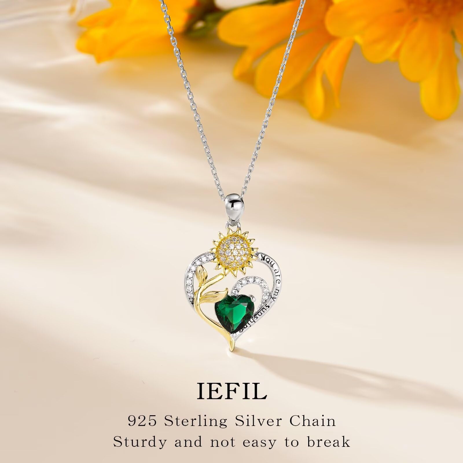 Iefil Sunflower Gifts for Women, Sunflower Necklace, Anniversary Birthday Gifts for Her, You Are My Sunshine Necklaces, October Tourmaline Jewelry, Heart Pendant Birthstone Necklace for Women Wife Mom