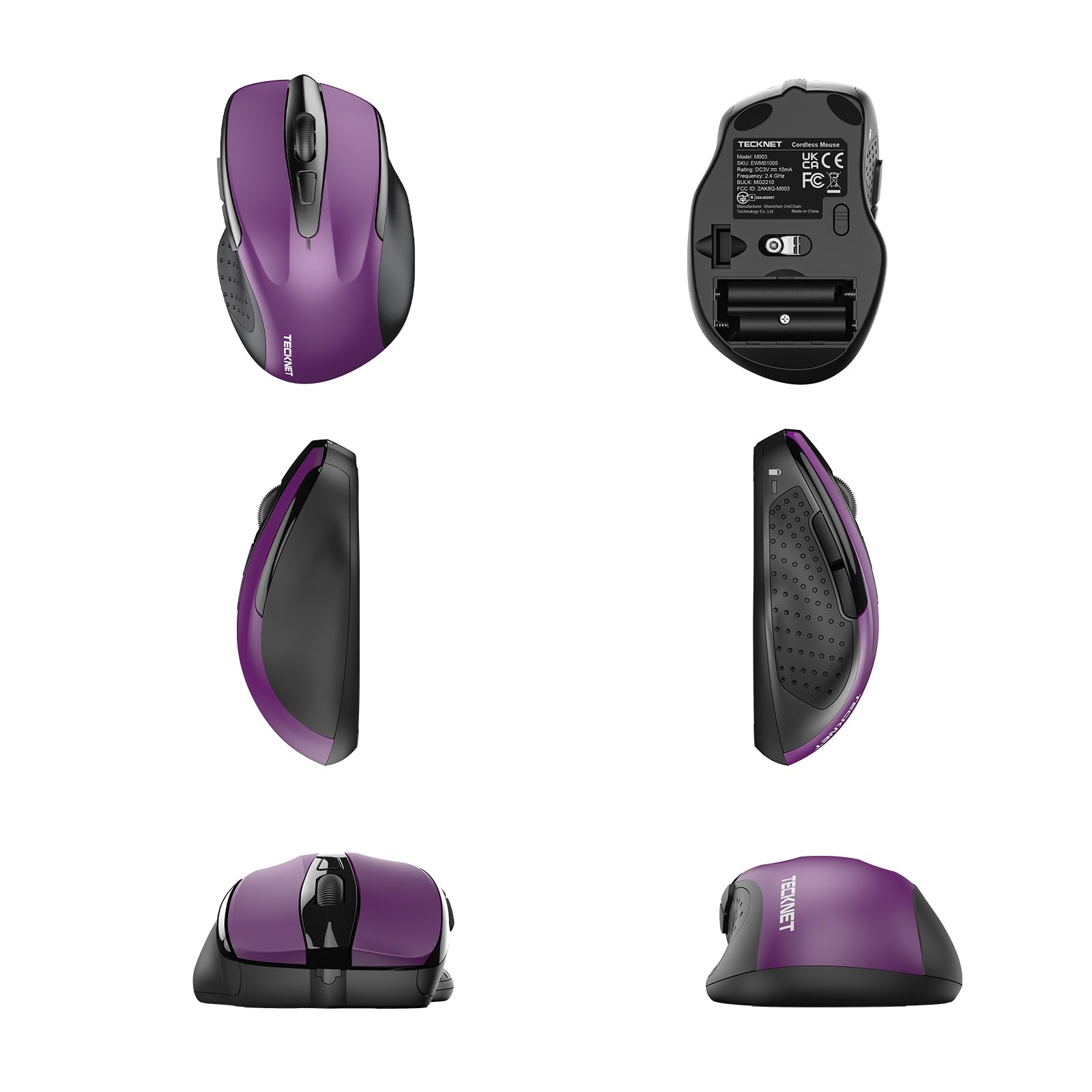 TECKNET Wireless Mouse, 2.4G Ergonomic Optical Mouse, Computer Mouse for Laptop, PC, Computer, Chromebook, Notebook, 6 Buttons, 24 Months Battery Life, 2600 DPI, 5 Adjustment Levels - Purple