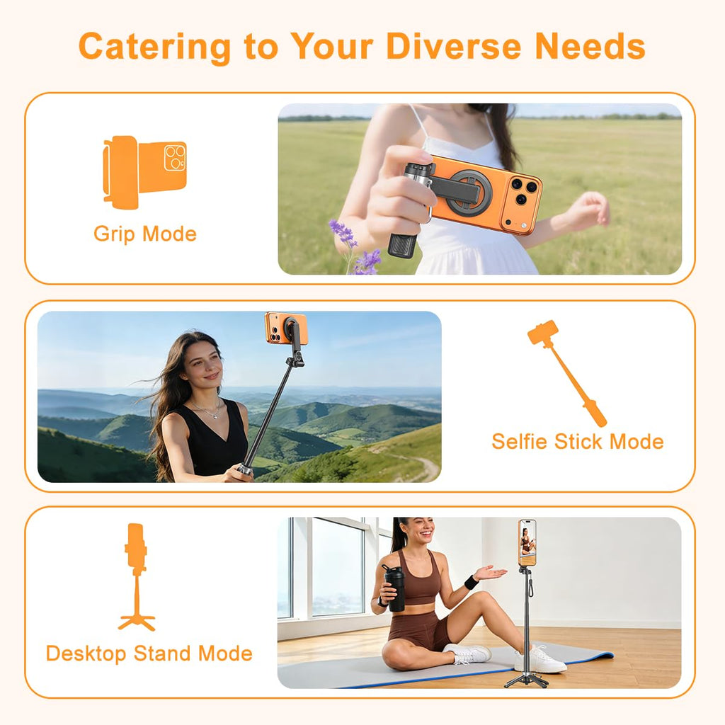 Upgrated 5-in-1 Magnetic Selfie Stick with Remote for Cell Phone 360° Rotation.Can Transforms into Mini Tripod/Camera Grip/Handheld Stabilizer/Phone Stand.Extend to 25 inches