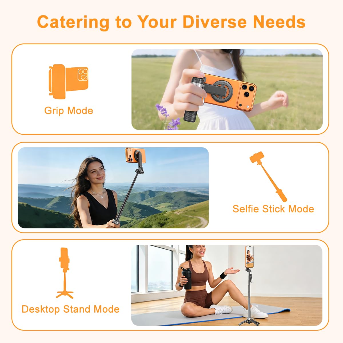 Upgrated 5-in-1 Magnetic Selfie Stick with Remote for Cell Phone 360° Rotation.Can Transforms into Mini Tripod/Camera Grip/Handheld Stabilizer/Phone Stand.Extend to 25 inches