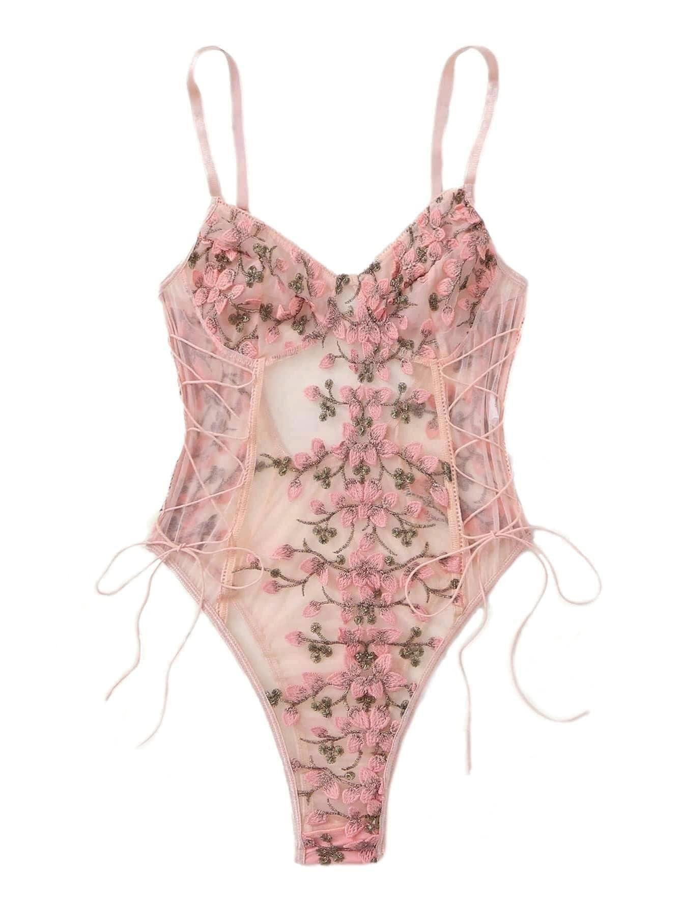 Lilosy Women Sexy Lace Up Floral Embroidered Teddy Babydoll Lingerie Bodysuit Top Mesh Sheer One Piece See Through Pink Medium
