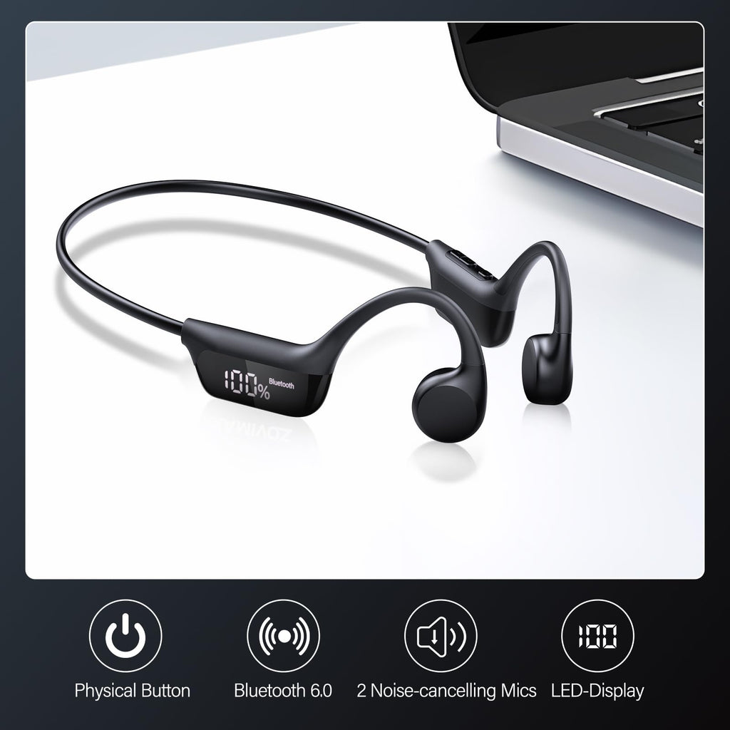 Bone Conduction Headphones Bluetooth 6.0 Earbuds, Open Ear Headphones with Dual Driver Sound, LED Display, IP67 for Sport / running, Dual Device Connection & Low-Latency Game Mode,12 Hours Playtime