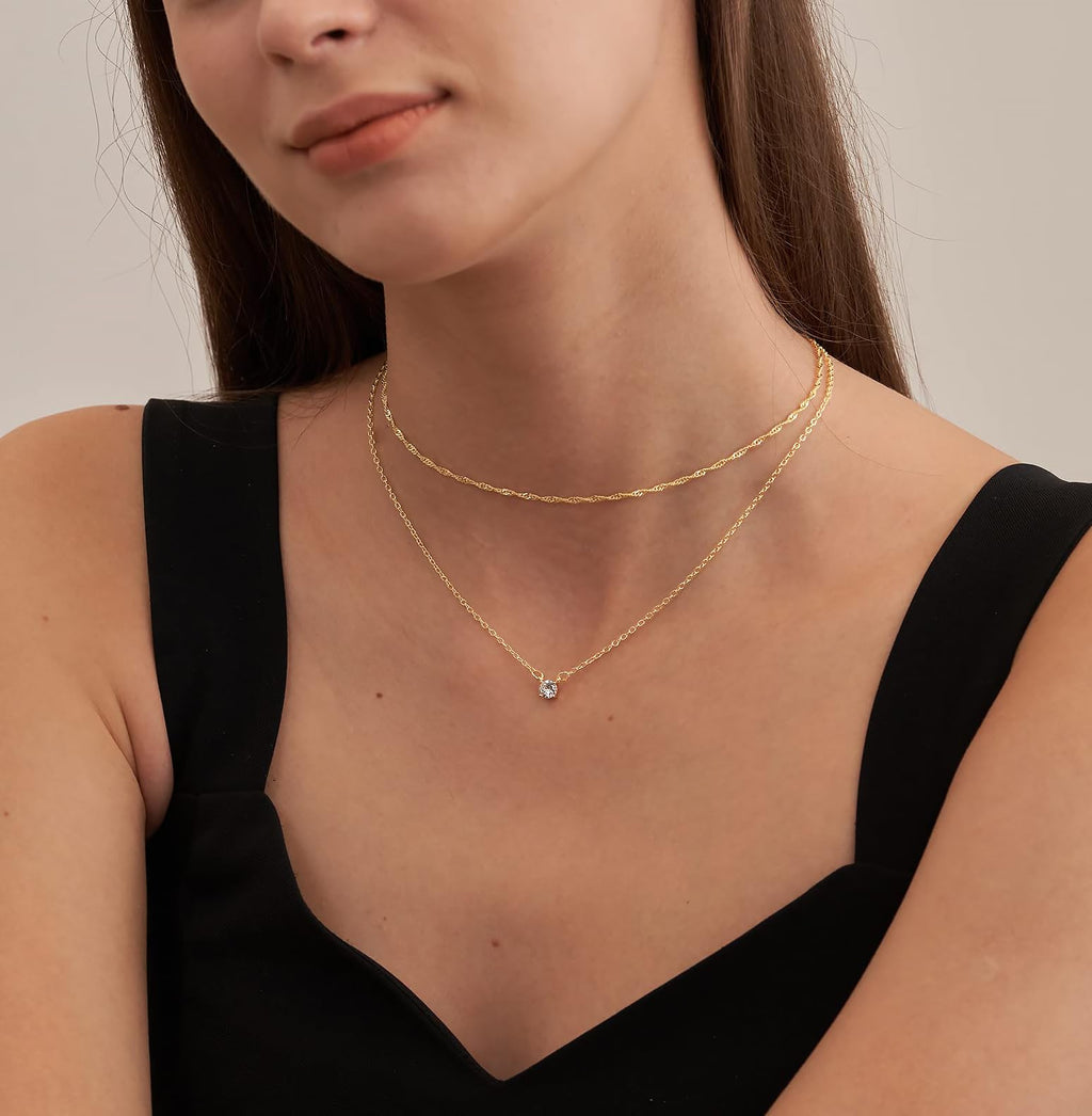 Tewiky Dainty Layered 14K Gold Plated Cubic Zirconia Necklace for Women, Simple Solitaire Pendant Chain Choker Necklaces Set Cute CZ Trendys Gold Jewelry Gift