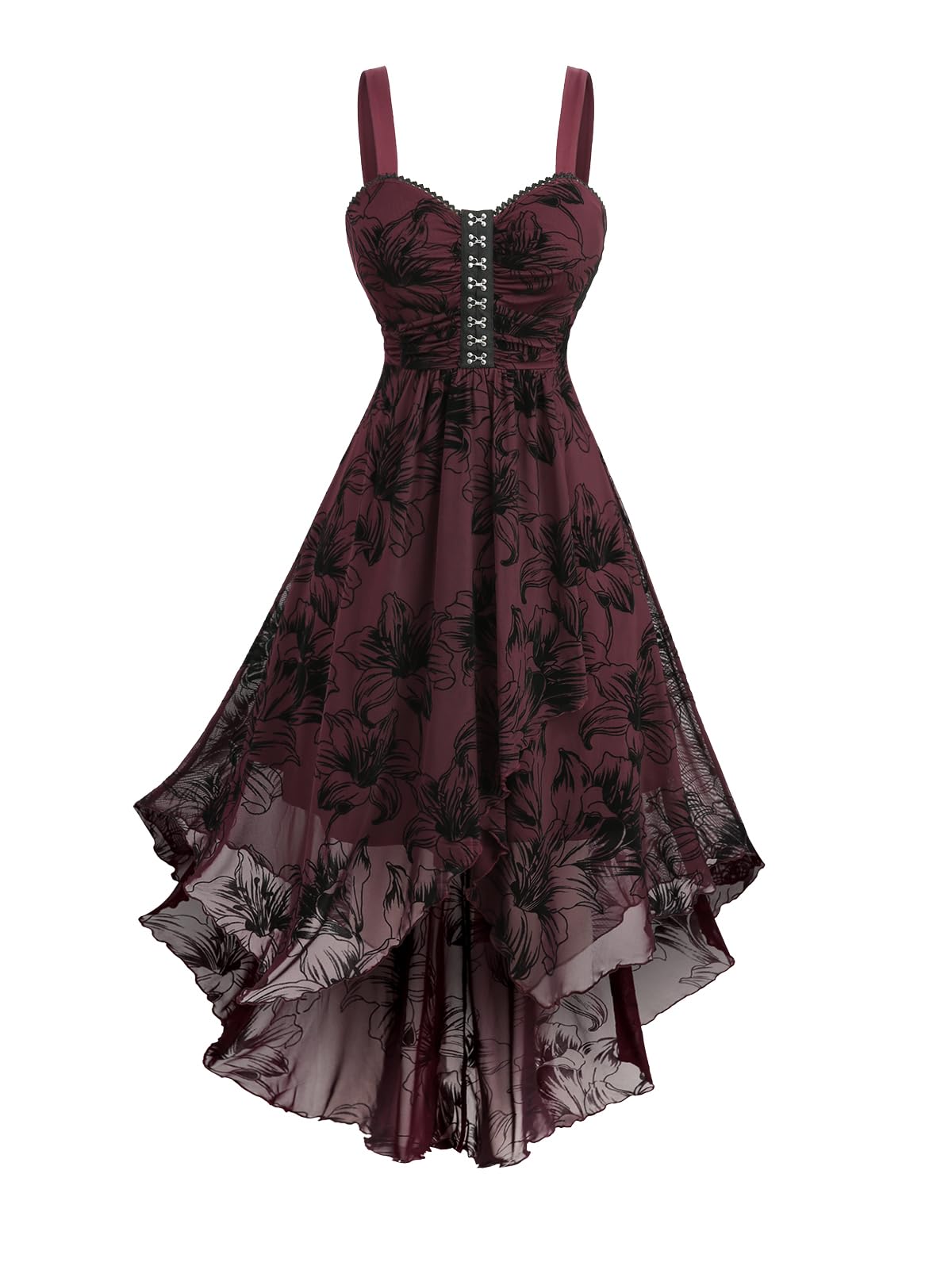 ROSE GAL Plus Size Womens Vintage Gothic Layered High Low Dress Flocking Floral Hook and Eye Lace Trime Sleeveless Backless Asymmetrical Midi Goth Dress(Red_1/2X)