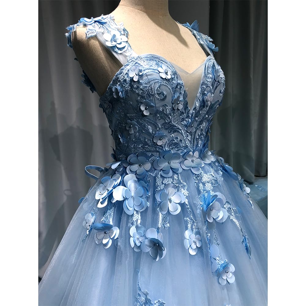 Ball Gown Tulle Off-The-Shoulder Sleeveless Applique Sweep/Brush Train Quinceanera Dresses Sky Blue