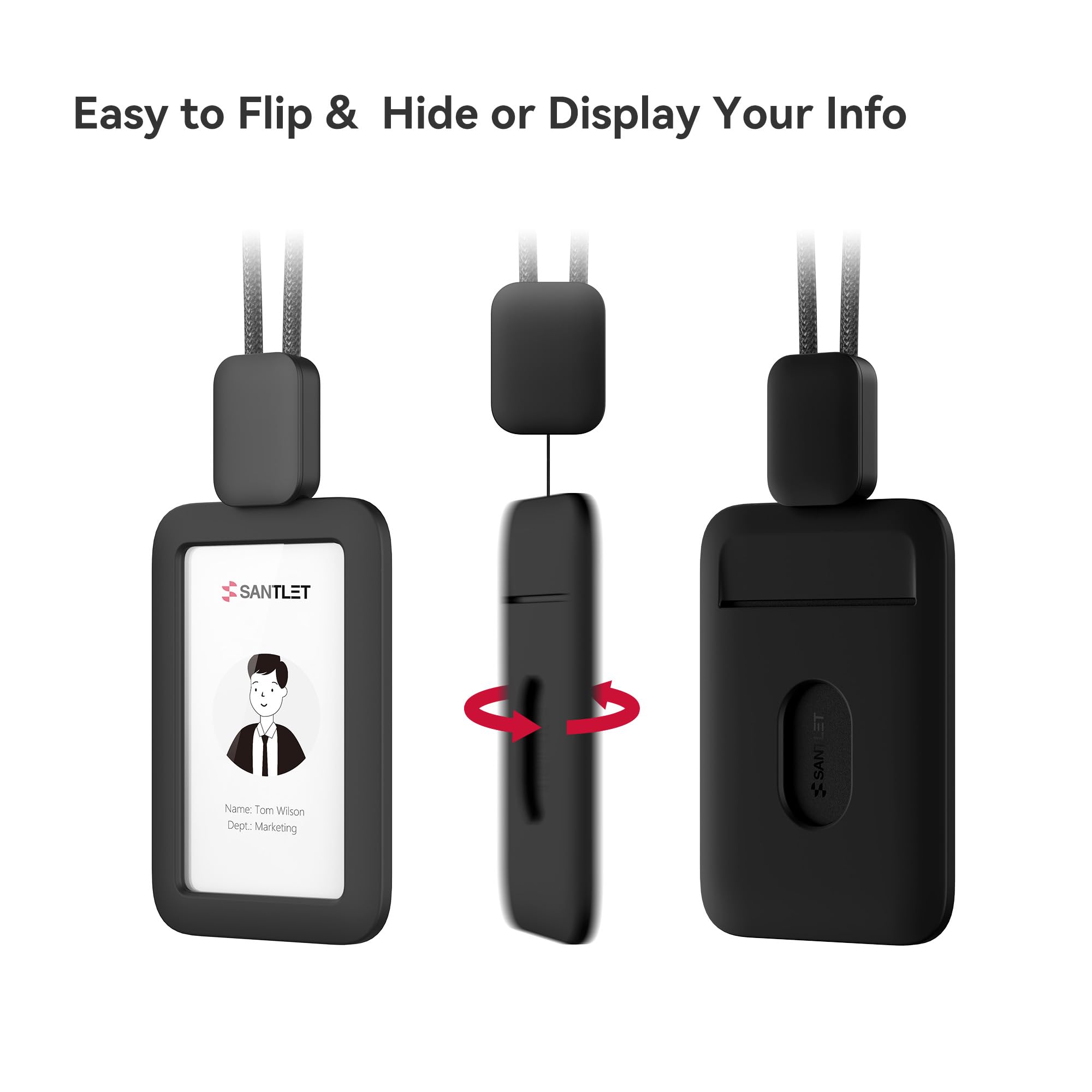 Lanyards for ID Badges Holder, SANTLET Silicone ID Badge Holder Name Card Case Protector with Retractable Cord, Safety Breakaway Buckle, 2 Card Slots for Office Staff Teachers Employees Cruising Black