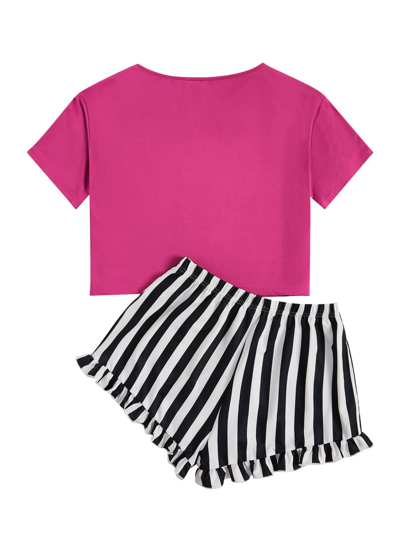 WDIRARA Women's 2 Piece Pajama Set Tee and Striped Shorts Cute Pjs Set Sleepwear Loungewear Outfits Stripe Plain Hot Pink L