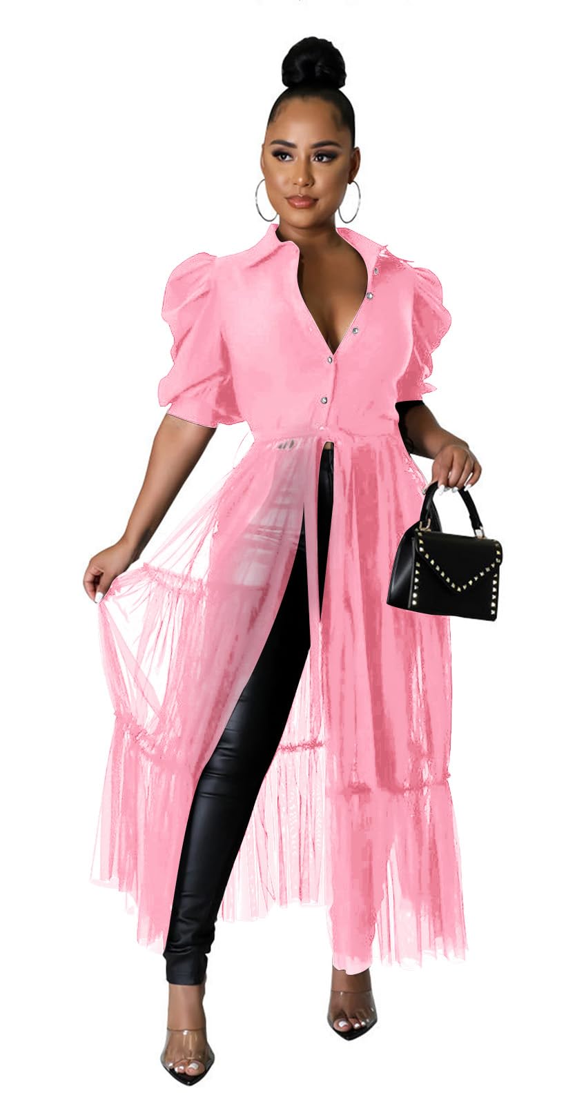 Ekaliy Women's Short Sleeve Round Neck High Low Asymmetrical Irregular Hem Casual Tops Blouse Shirt Dress L Pink