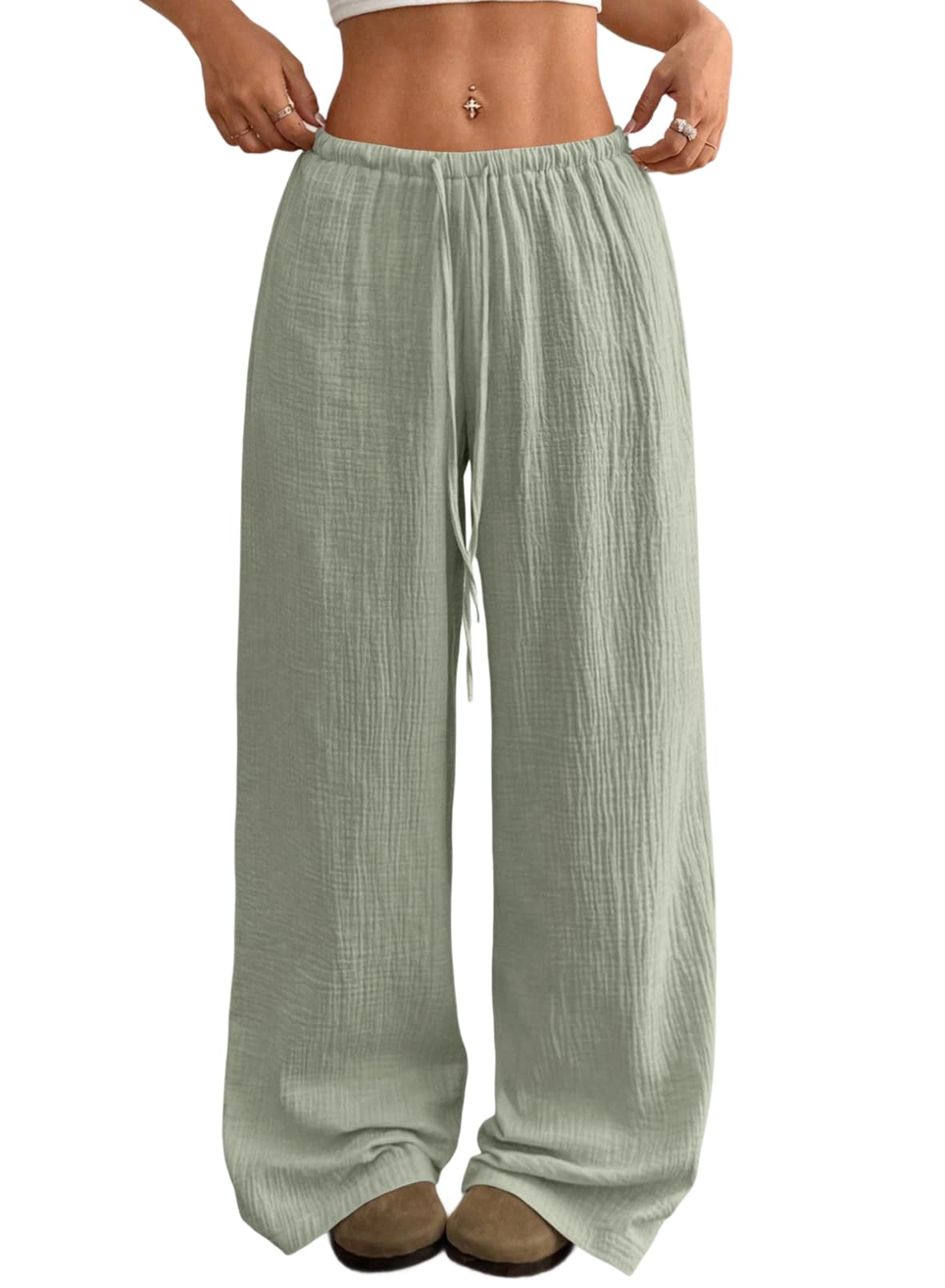 Acelitt Women’s Wide Leg Palazzo Pants Drawstring Elastic Waist Casual Loose Lounge Pants Beach Trousers Teacher Outfits for Women Green Small