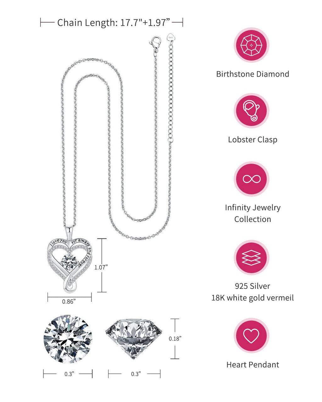 Mkhhy Diamond Birthstone Infinity Heart Necklace for Women Anniversary for Her Wife Birthday Gift Ideas I love you Jewelry for Women Girlfriend S925 Silver Necklaces for Her Mom Daughter April
