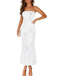 MEROKEETY Women's Floral Strapless Maxi Dress 2026 Summer Mesh Tube Bodycon Formal Wedding Guest Cocktail Party Long Dresses, White, Medium