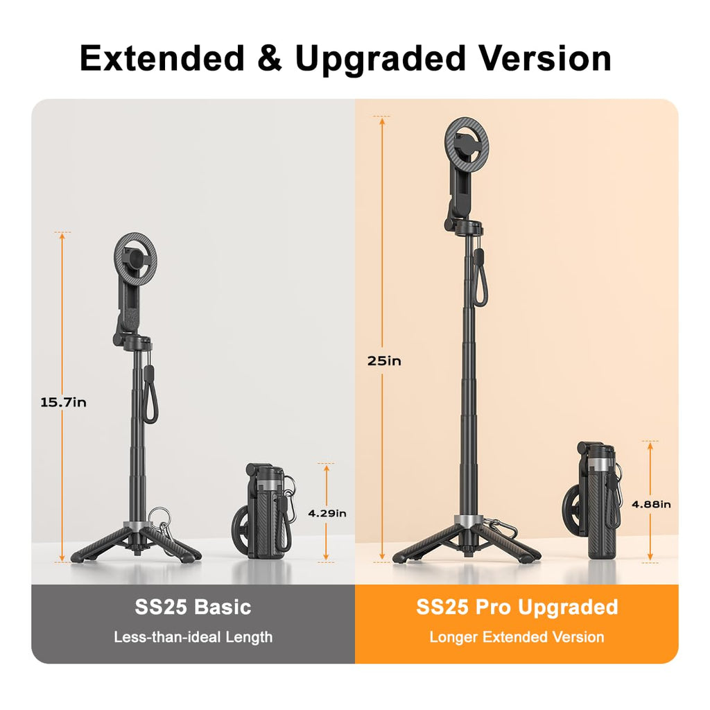 Upgrated 5-in-1 Magnetic Selfie Stick with Remote for Cell Phone 360° Rotation.Can Transforms into Mini Tripod/Camera Grip/Handheld Stabilizer/Phone Stand.Extend to 25 inches