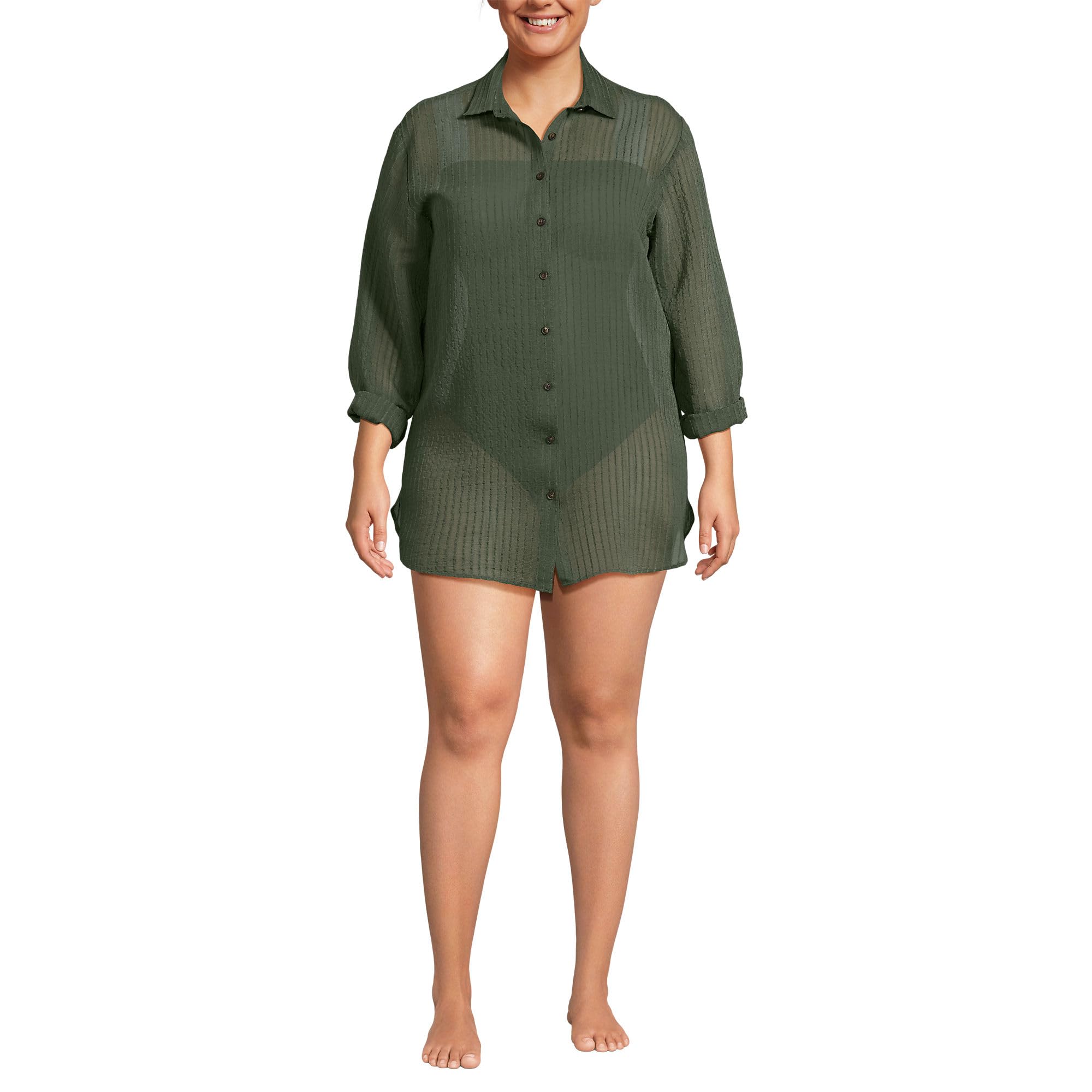 Lands' End Women's Rayon Rib Button Down Cover-Up X-Small Rich Olive Green
