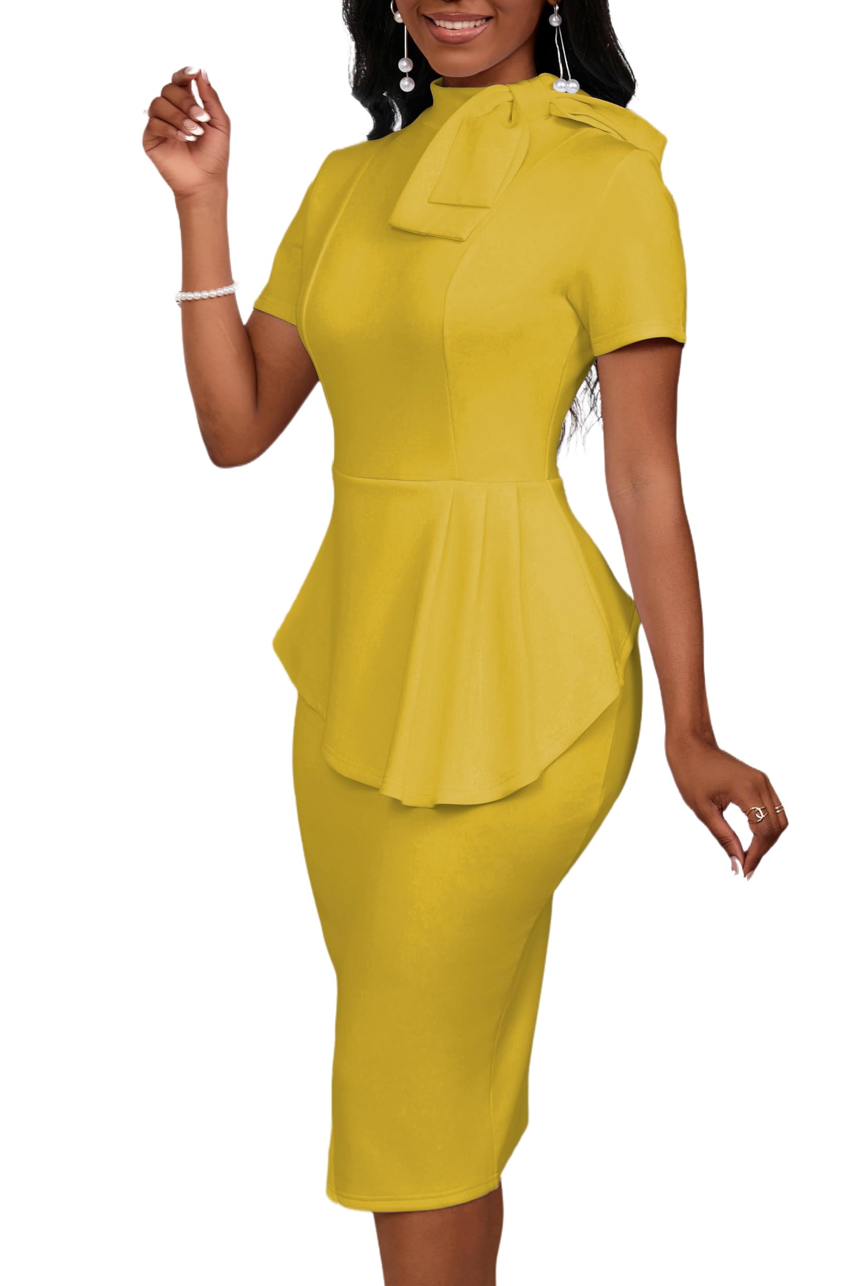 PerZeal Church Dress for Women Fashion Peplum Bodycon Short Sleeve Work Dresses Bow Club Ruffle Pencil Formal Cocktail Dress Yellow Medium