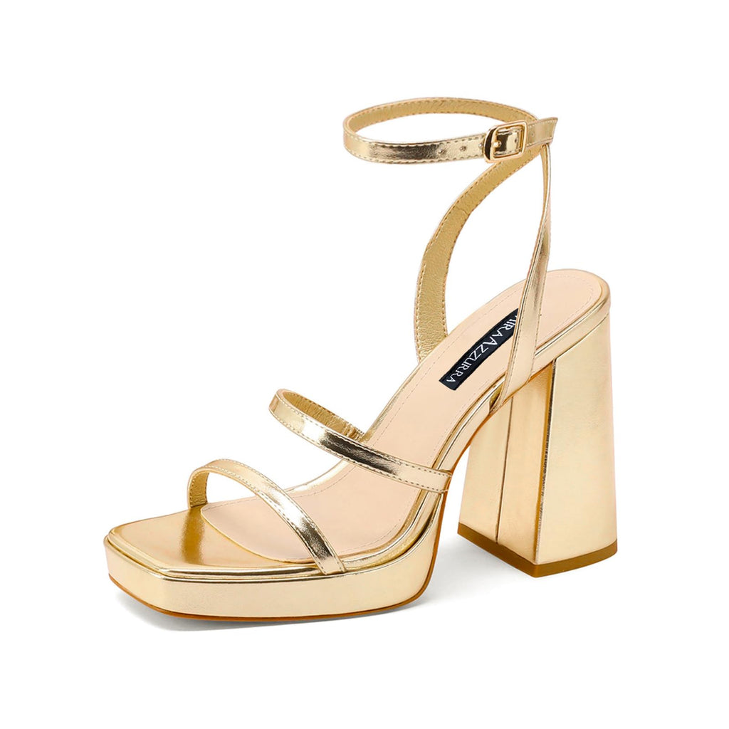 MIRAAZZURRA Platform Strappy Heel Sandals Square Open Toe Two Strap Chunky High Heeled Sandals with Buckle Ankle Strap for Women Party Wedding Dress Gold 7