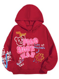 WDIRARA Girl's Cartoon Letter Graphic Hoodie Drop Shoulder Long Sleeve Pullover Sweatshirt Red 13Y