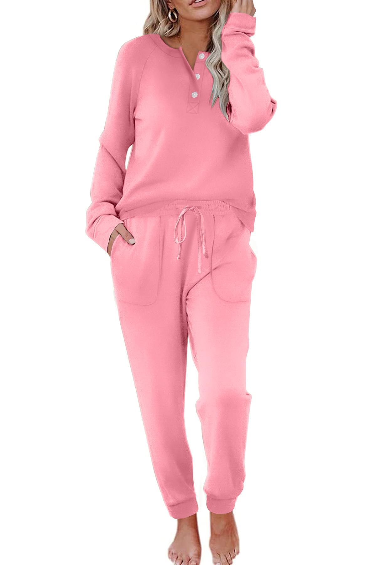 Ekouaer Womens Pajamas Long Sleeve Jogger Sets Comfy Pjs Soft Loungewear 2 Piece Lounge Sets with Pockets Rose