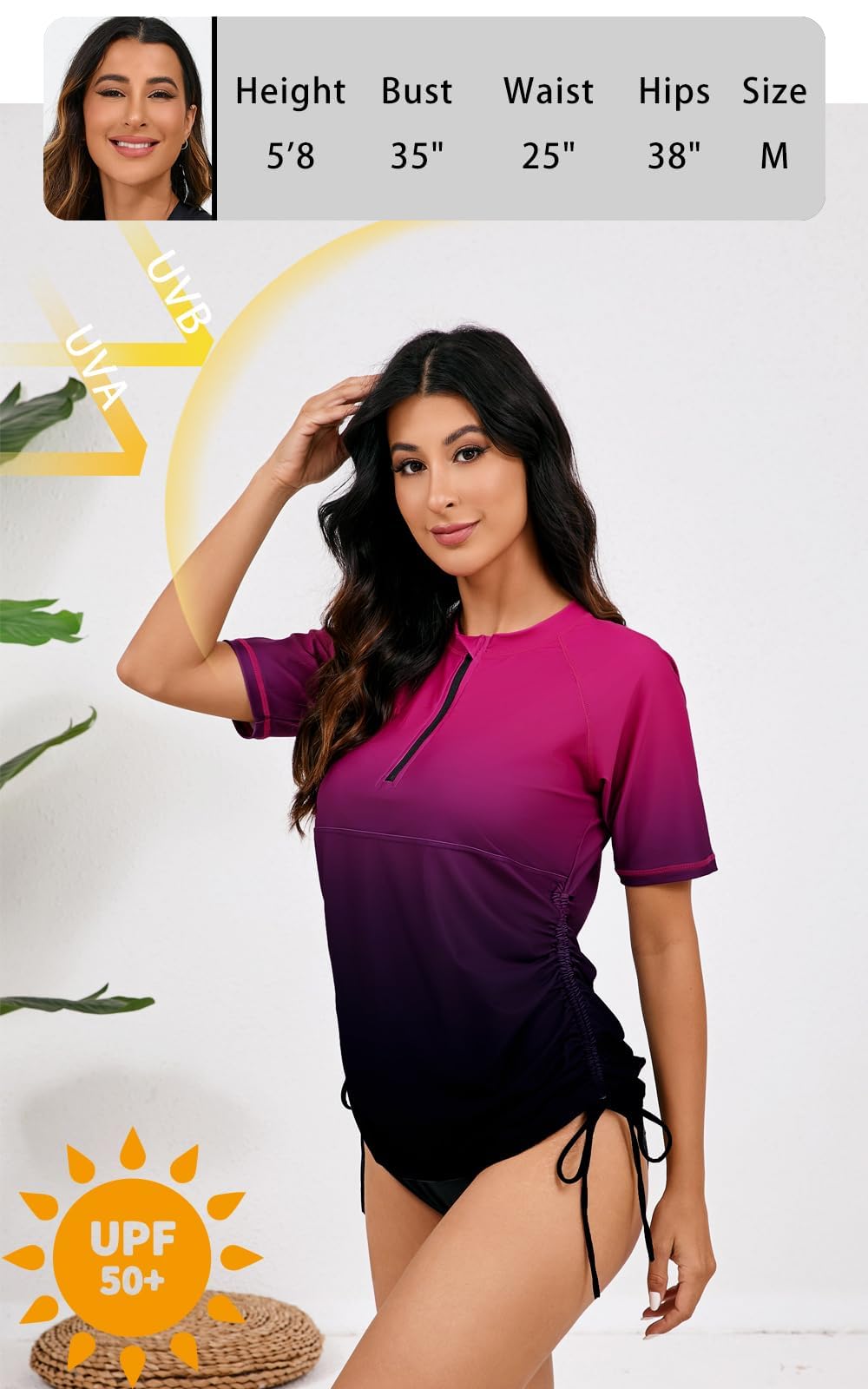 Halcurt Women's Half Zip Short Sleeve Rash Guard Swim Shirt with Tie Drawstring UPF50+ Swimsuit Top Ombre Hot Pink Black XL