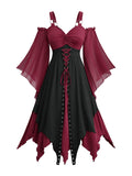 ROSE GAL Plus Size Renaissance Gothic Dress for Women Halloween Costume Dress Cold Shoulder Lace-up Handkerchief Hem Grommets Two Tone Layered Trumpet Sleeve Midi Dresses(Red/S)