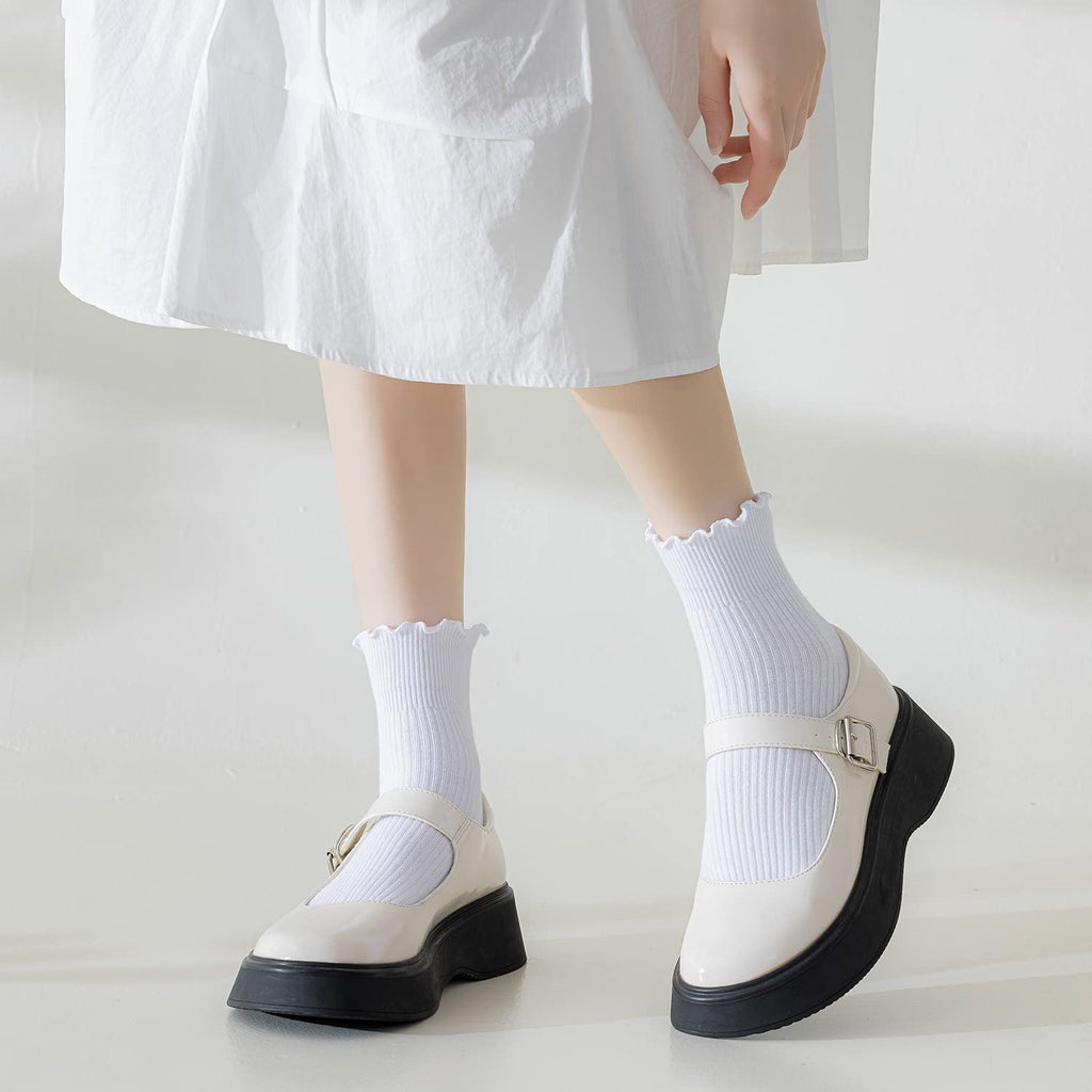 Mcool Mary Women's Ruffle Socks,Turn-Cuff Casual Cute Warm Cotton Knit Lettuce Low Cut Frilly White Ankle Socks for Women 6 Pack