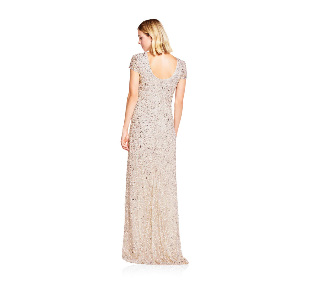 Adrianna Papell Women's Short Sleeve All Over Sequin Gown, Blush, 12