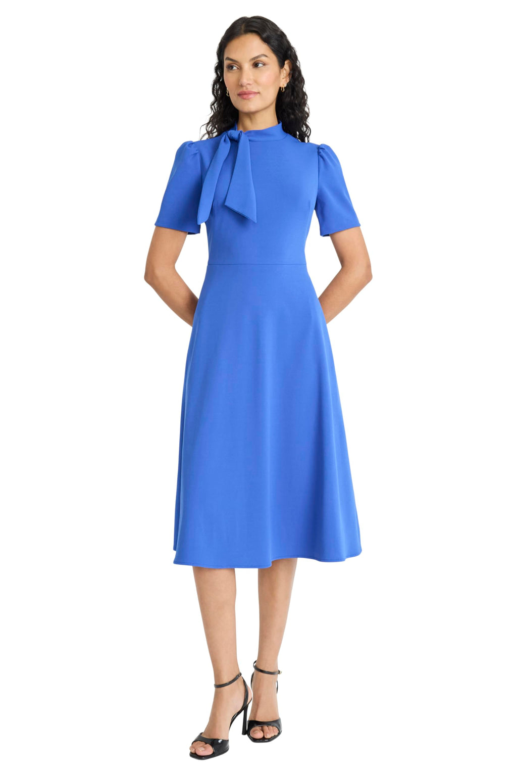 Maggy London Women's Dresses Crepe Fabric Flight Attendant Bow Neck Tie Short Sleeve A-Line, SC - Beaucoup Blue, 4