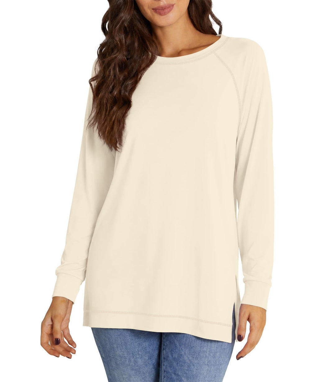 NILOUFO Womens Long Sleeve T Shirts Casual Blouses Trendy Tops Side Split Tunics(Beige, X-Large)