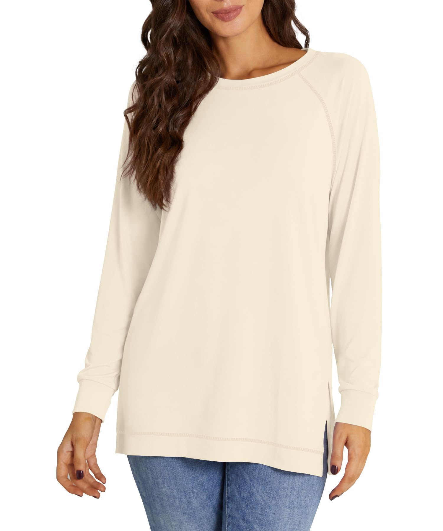 NILOUFO Womens Long Sleeve T Shirts Casual Blouses Trendy Tops Side Split Tunics(Beige, X-Large)