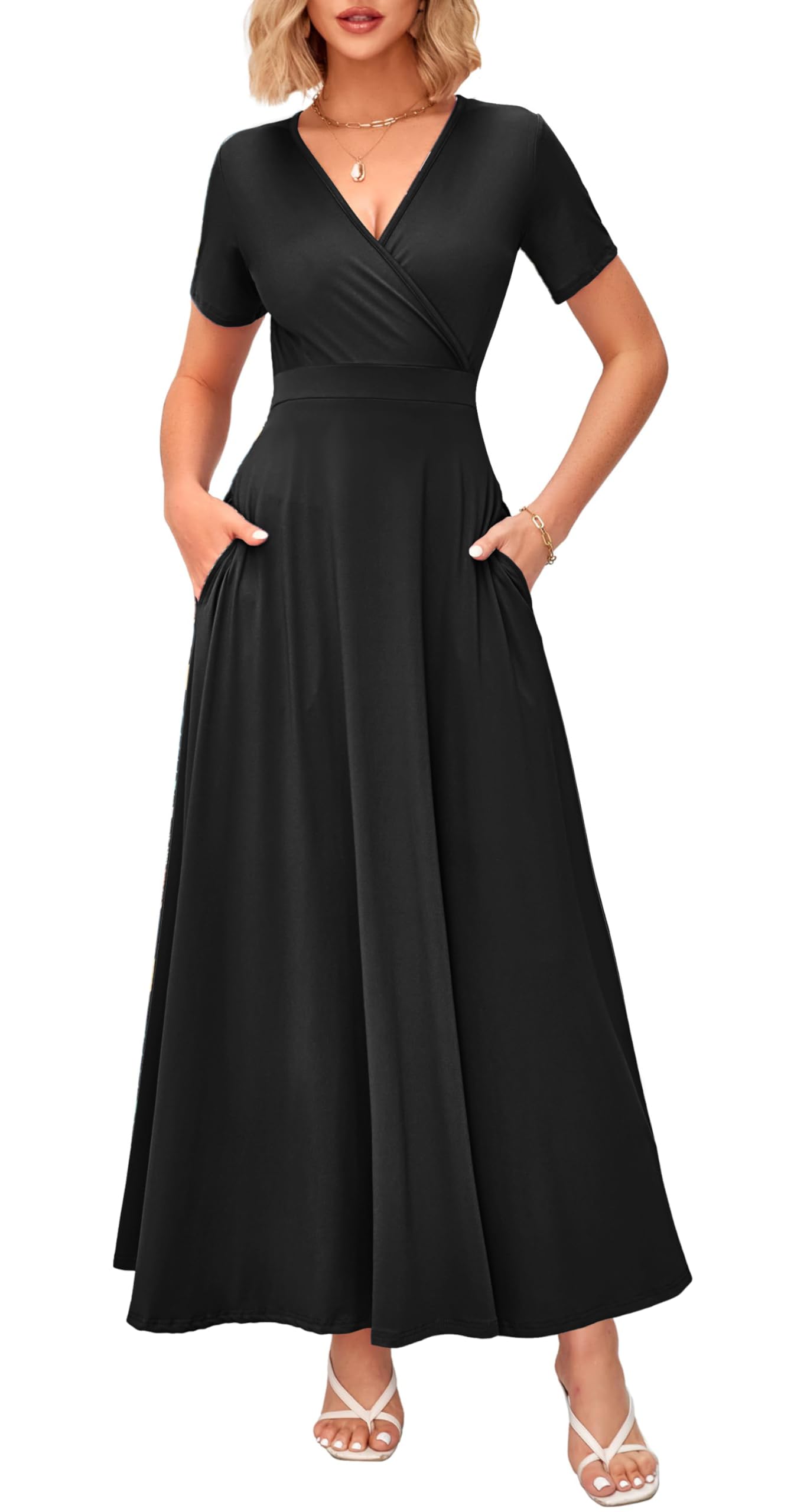 WNEEDU Women's Summer Maxi Dress Short Sleeves Wrap V Neck Long Dresses with Pockets(Black,XL)