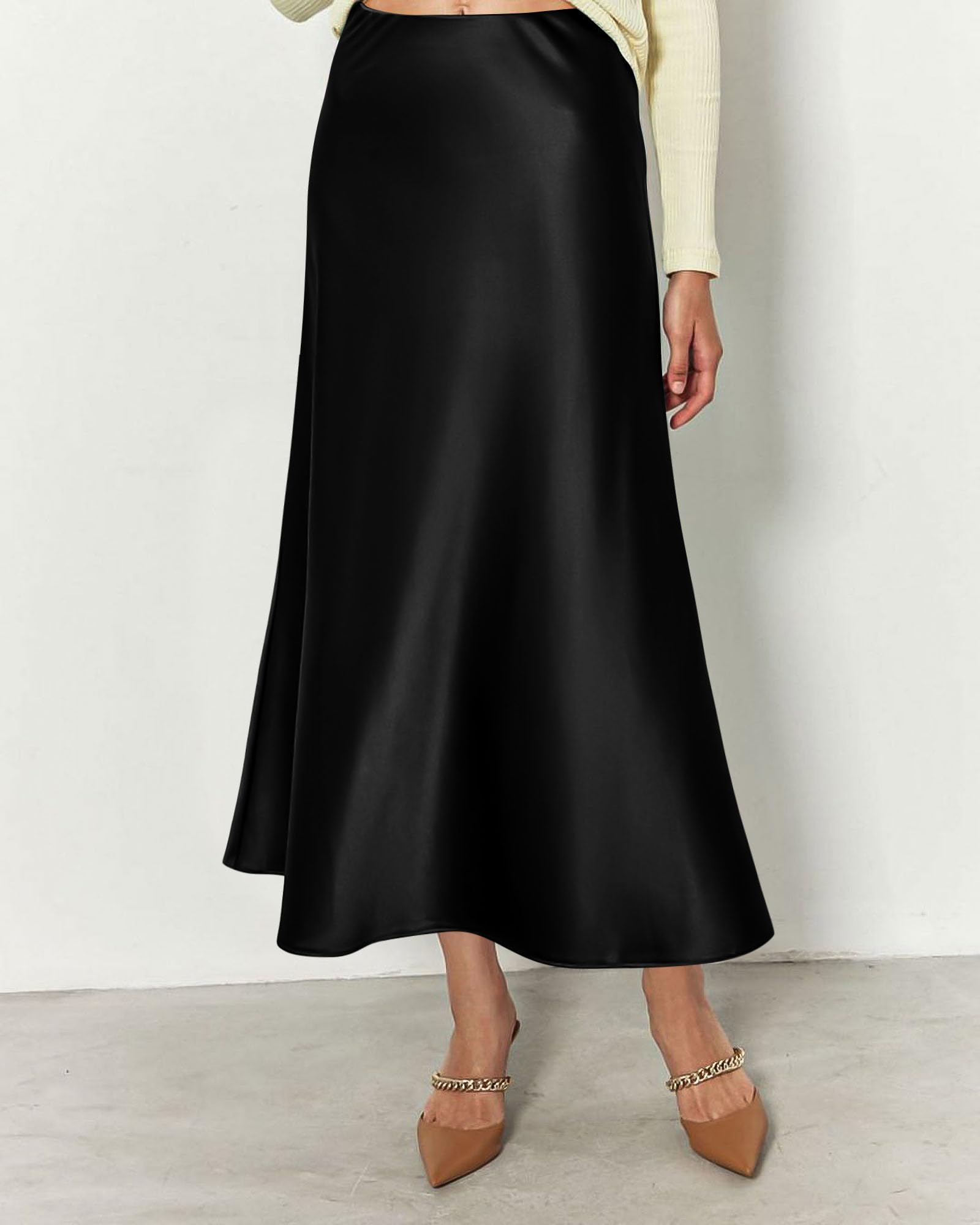 BTFBM 2026 Womens Spring Summer Long Satin Skirt Silk Elegant High Waist Cocktail Party Wedding Flowy A-Line Midi Skirts(Black, Small)