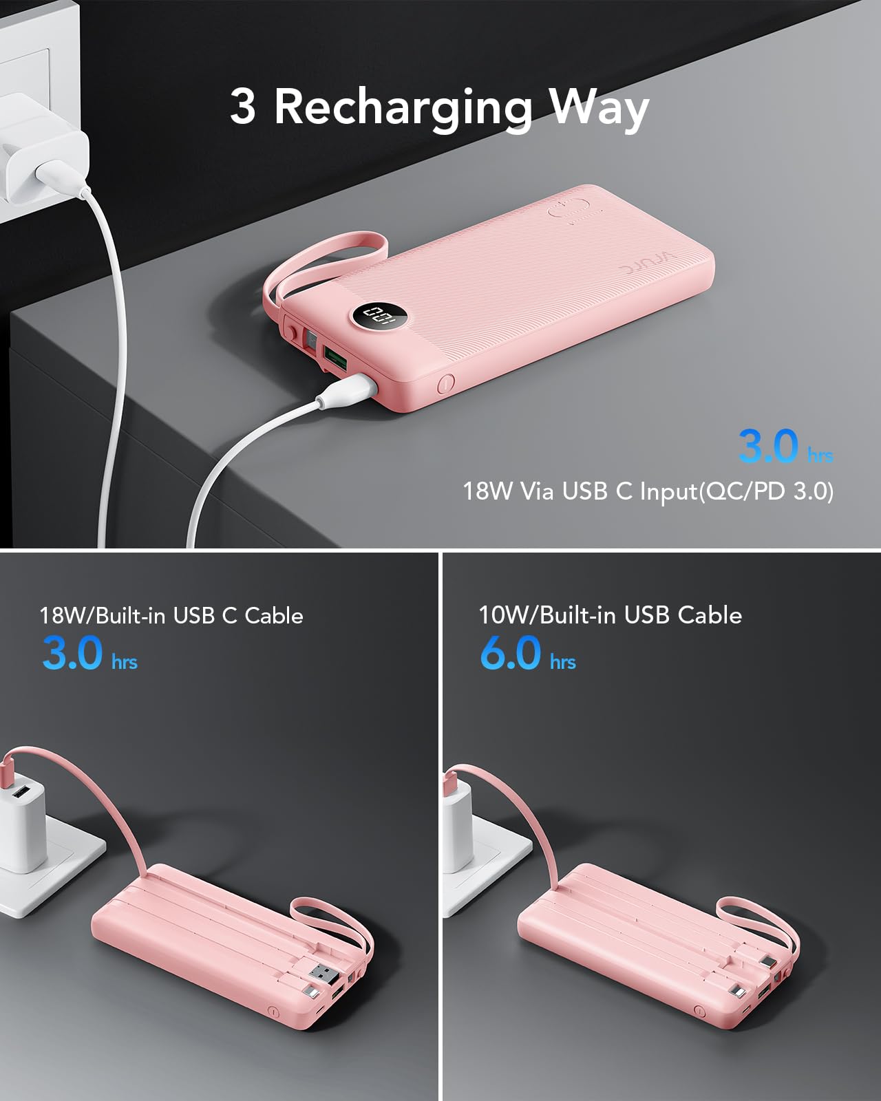 VRURC Portable Charger, 22.5W Fast Charging Power Bank Built‑in 4 Cables, 10000mAh Slim Lightweight Travel Battery Pack for iPhone, Samsung & Multi Devices, Pocket‑Friendly with Lanyard-Pink(1 Pack)