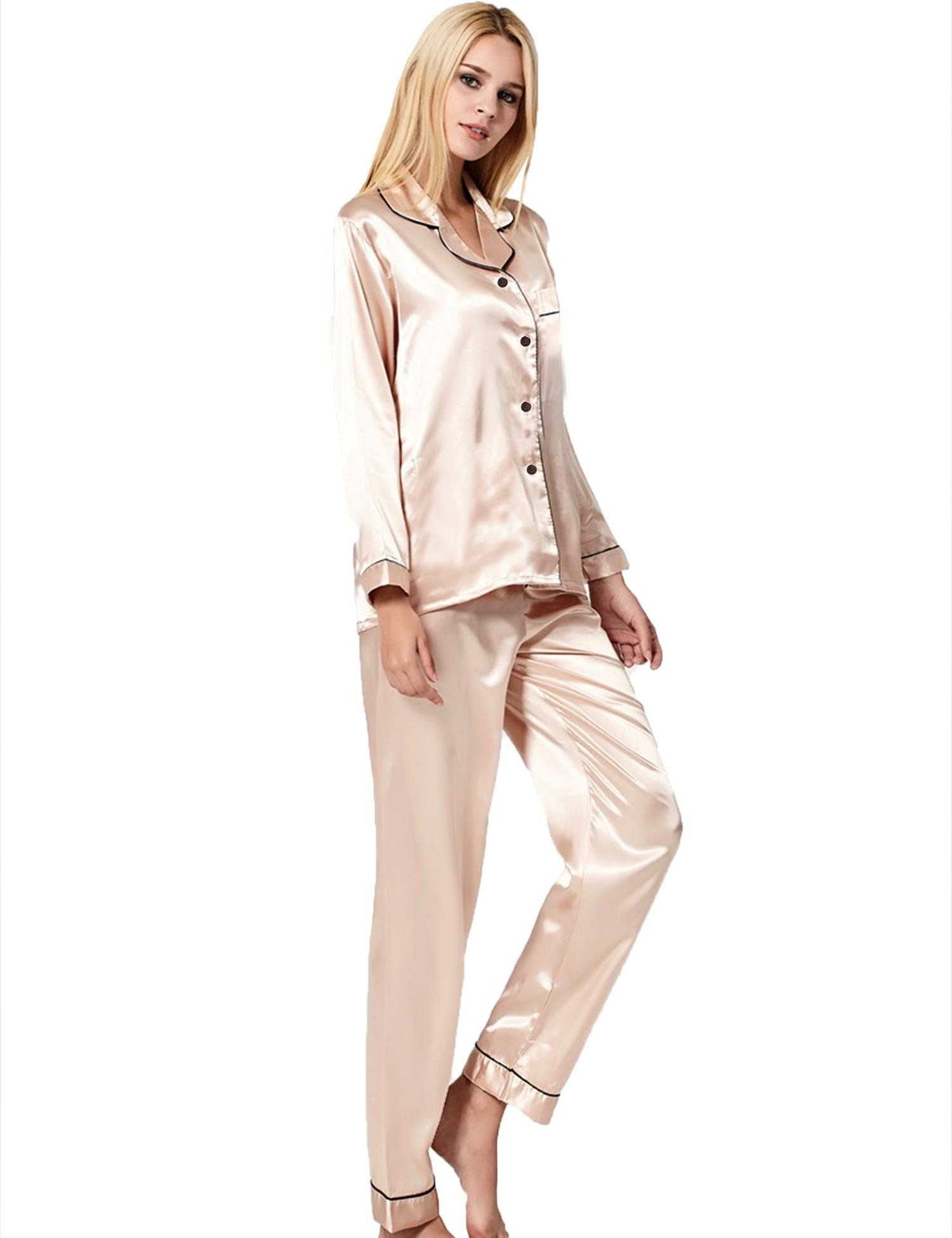 SWOMOG Womens Silk Satin Pajamas Long Sleeve Loungewear Two-piece Sleepwear Button-Down Pj Set Champagne