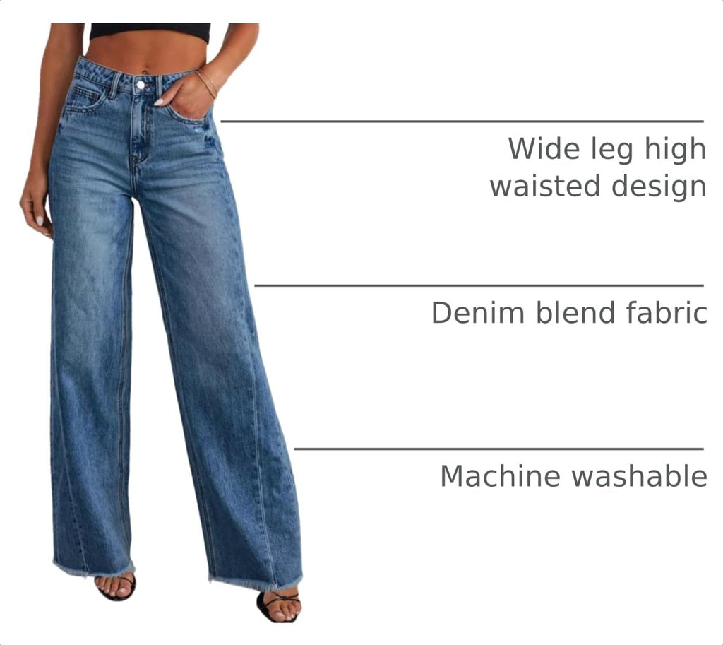 Sidefeel Women's Wide Leg Jeans High Waisted Stretchy Raw Hem Denim Pants Size 16 Blue