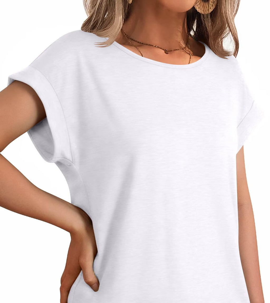 Bliwov Womens T Shirts Summer Tops Cap Sleeve Crewneck Casual Business Blouses 2026 Spring Clothes Fashion Outfits White