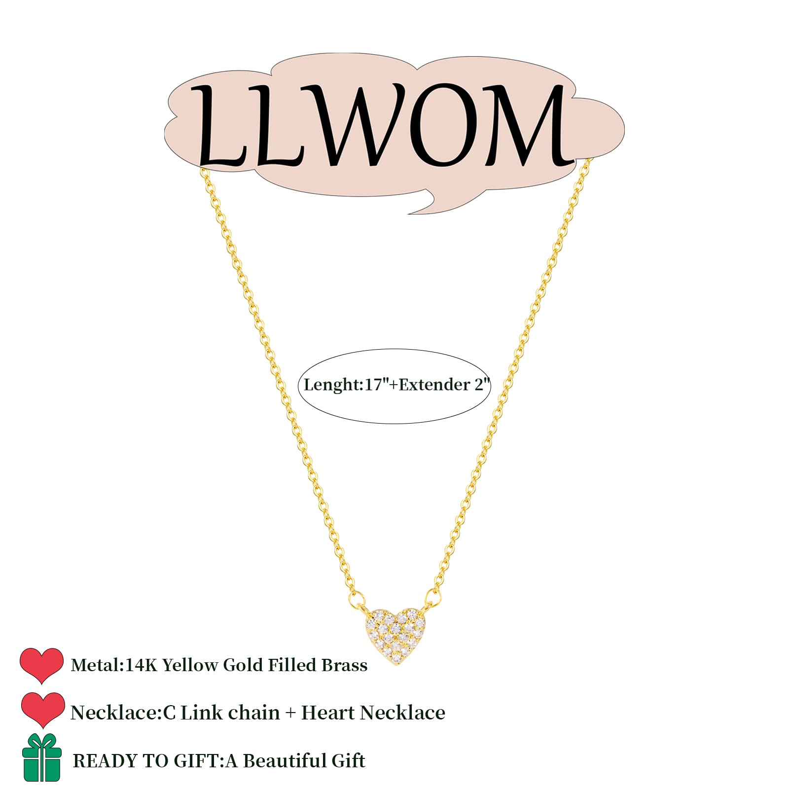 LLWOM Heart Necklaces-14k Gold Plated CZ Heart Necklace Dainty Heart Pendant Necklace for Women