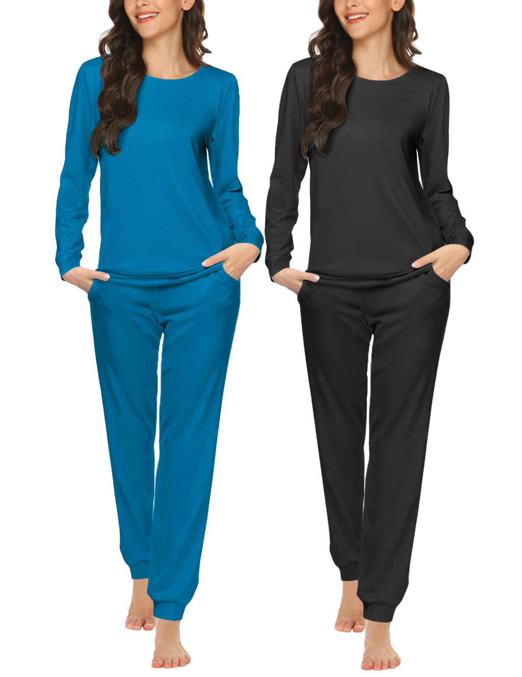 Ekouaer 2 Pack Women's Pajama Set Long Sleeve Top with Jogger Pants Lounge Sets Sleepwear Loungewear with Pockets Blue Green&Black Medium