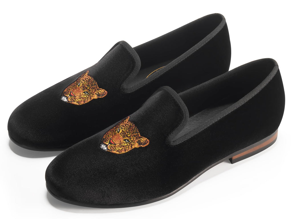 Journey West Men's Velvet Loafers Embroidery Slip-On Loafers Tuxedo Dress Shoes Smoking Slippers for Men Leopard Black 12