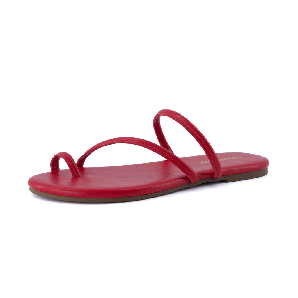 CUSHIONAIRE Resort Strappy Sandals for Women, Vegan Leather Memory Foam Flat Women's Sandals with Toe Ring, RED 11
