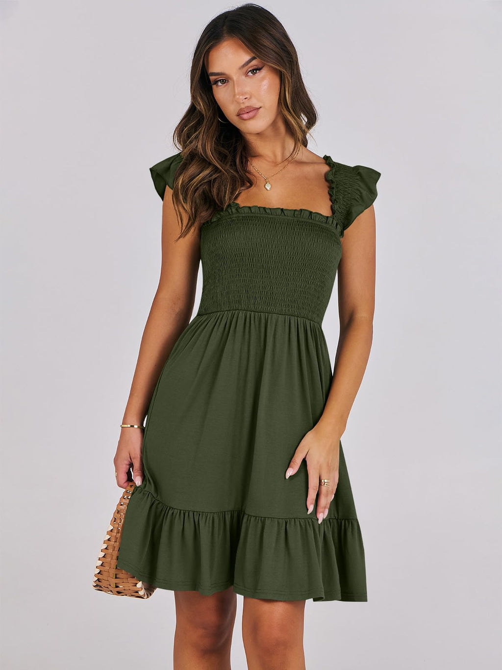 ANRABESS Women's Summer Casual Sleeveless Square Neck Dress 2026 Smocked Ruffle Backless Boho Beach Cute Teen Short Sundress Green Small