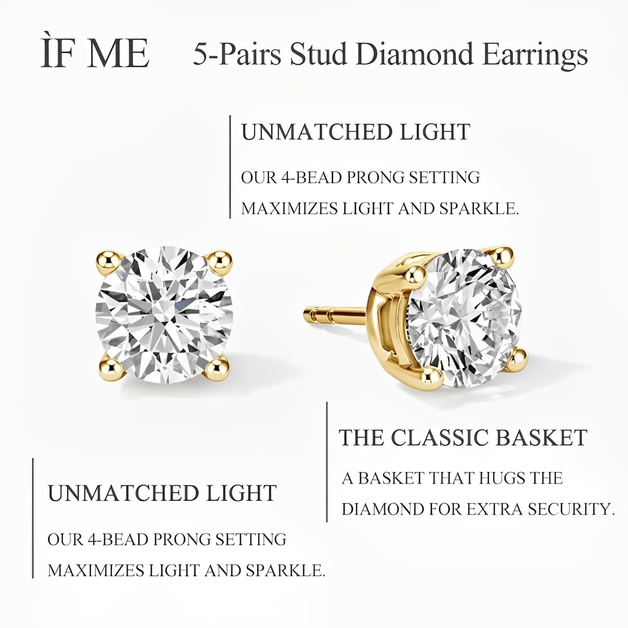 5 Pairs 14K Gold Plated Stud Earrings for Women, Hypoallergenic Earring Sets for Multiple Piercing, Premium Cubic Zirconia Studs Earrings for Women
