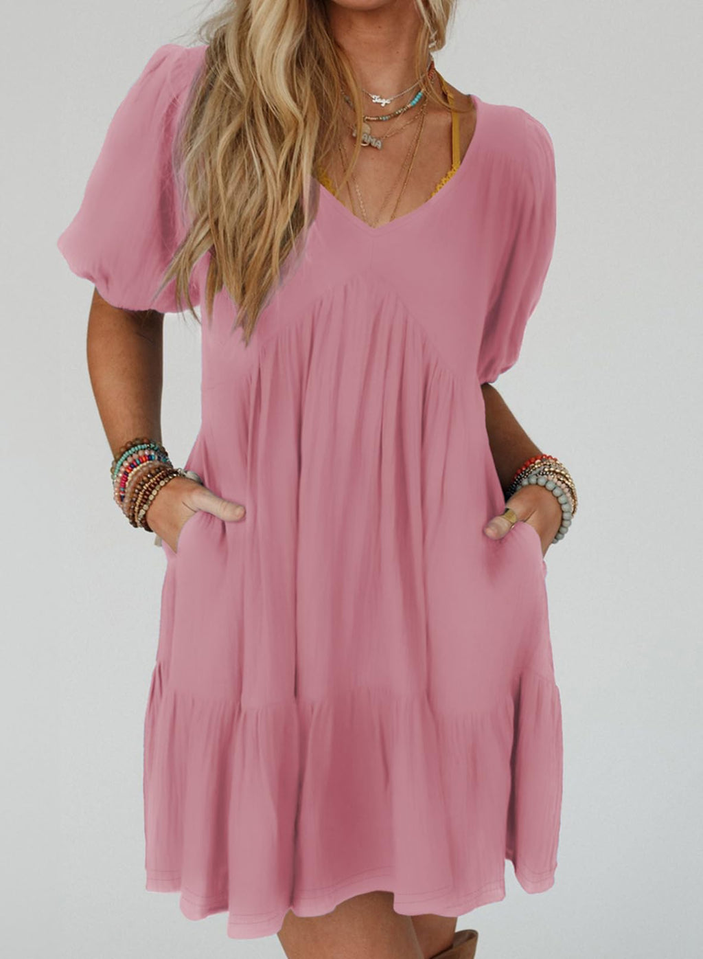 Acelitt Women's Summer Dresses 2026 Beach Casual Deep V Neck Loose Sundress Short Sleeve Mini Dress with Pockets Pink Large
