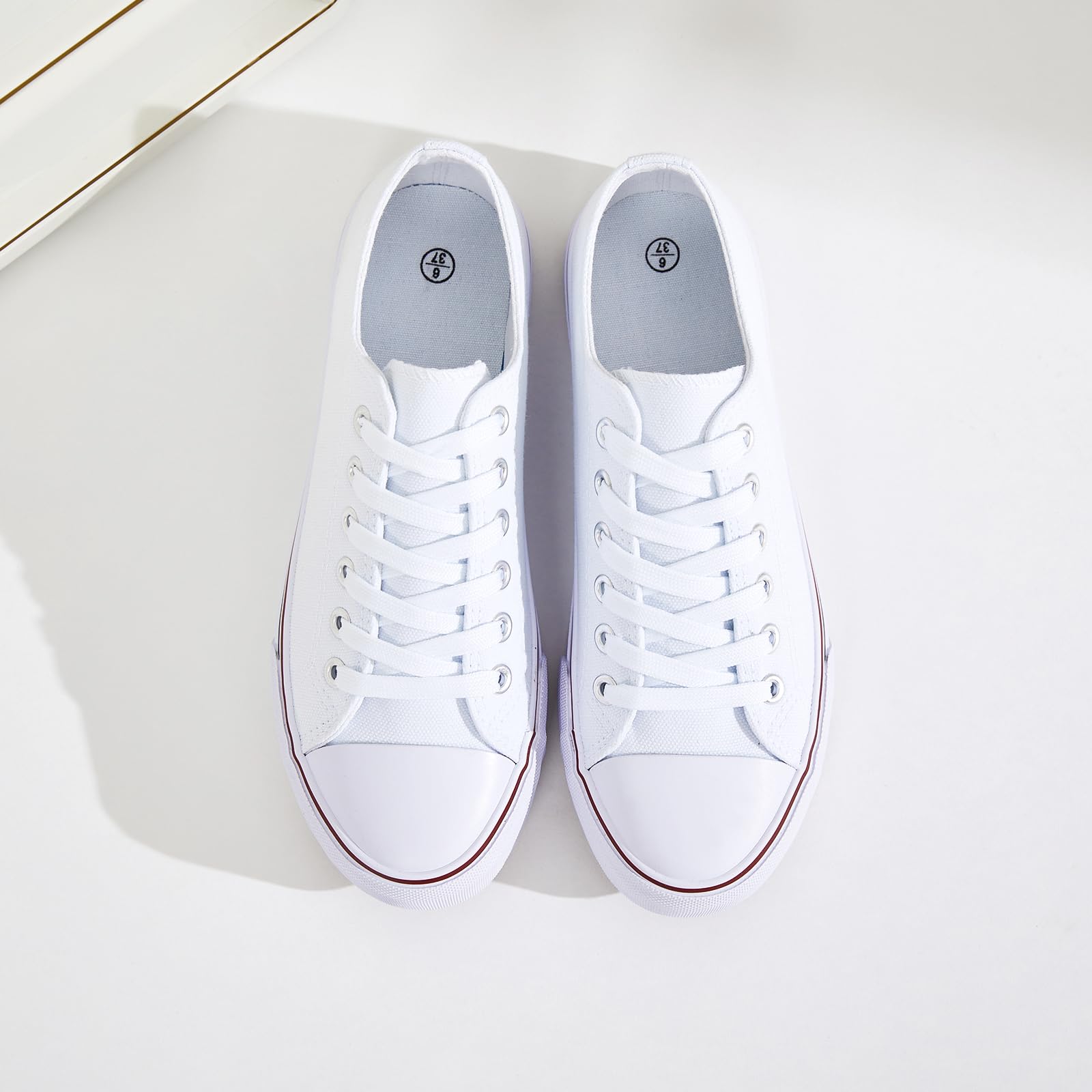 FRACORA Womens White Black Canvas Sneakers Low Top Canvas Shoes for Women Tennis Shoes(White,US8.5)