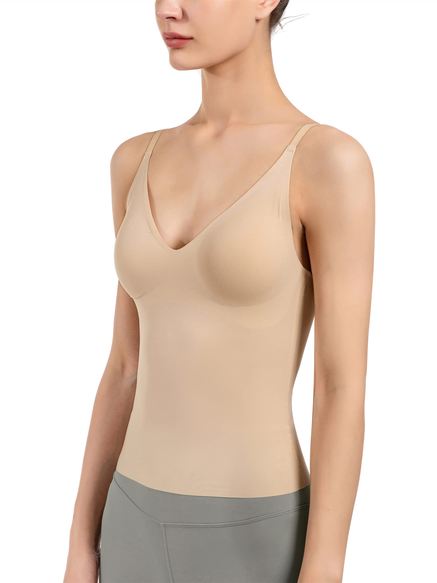 Women's Fit Camisole with Built in Bra - Spaghetti Straps Camis Tank with Chest pad One-Piece Cut Seamless (L, A-Style-Complexion)