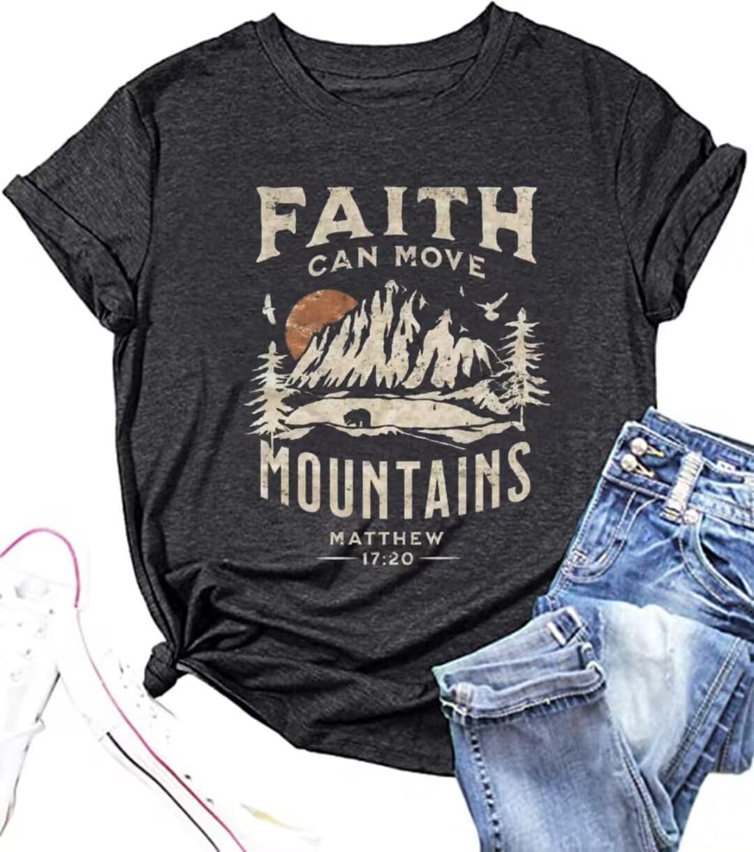Faith Can Move Mountains Shirt Women Letter Printed Summer Vacation Tee Mountain Adventure Hiking Camping Shirt (Small, Grey)