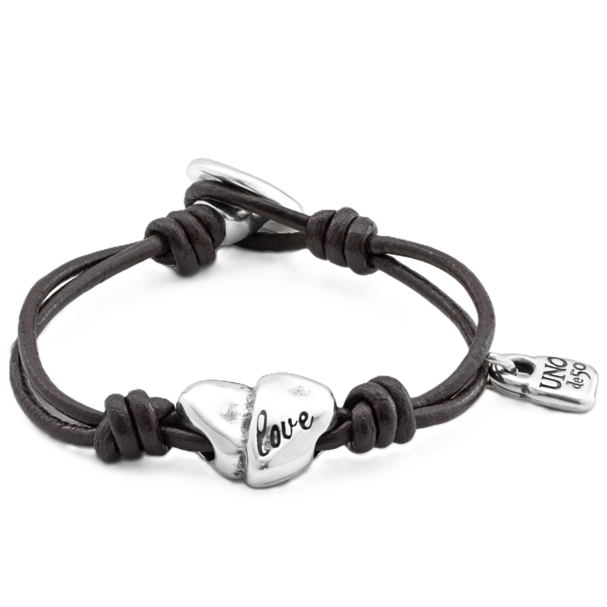 UNOde50 Brown Leather Bracelet CUPID with Irregular Heart-Shaped Silver-Plated Piece
