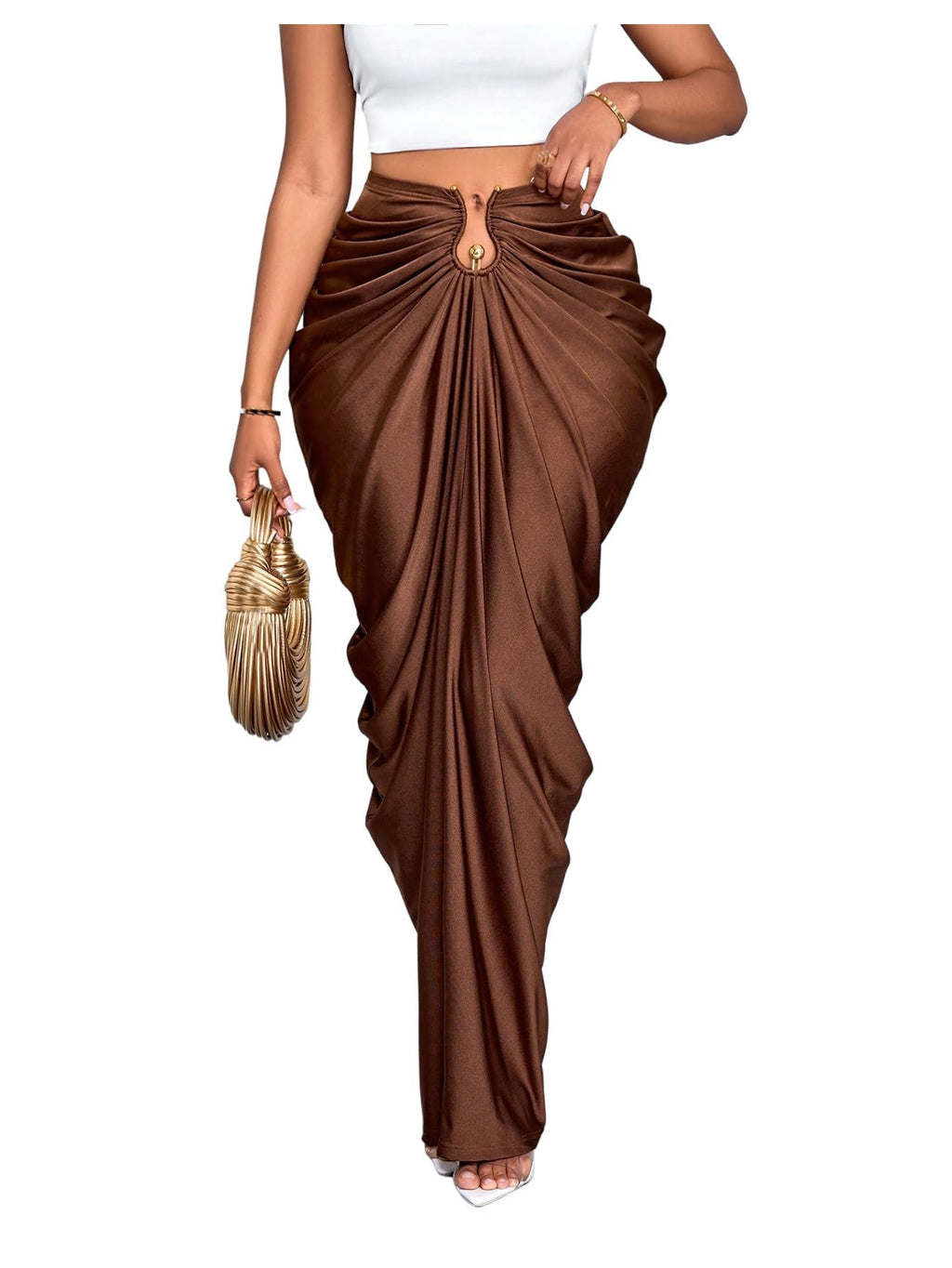 WDIRARA Women's Ruched Bodycon Maxi Skirt Cocktail Party High Waisted Long Fishtail Skirts Coffee Brown Large