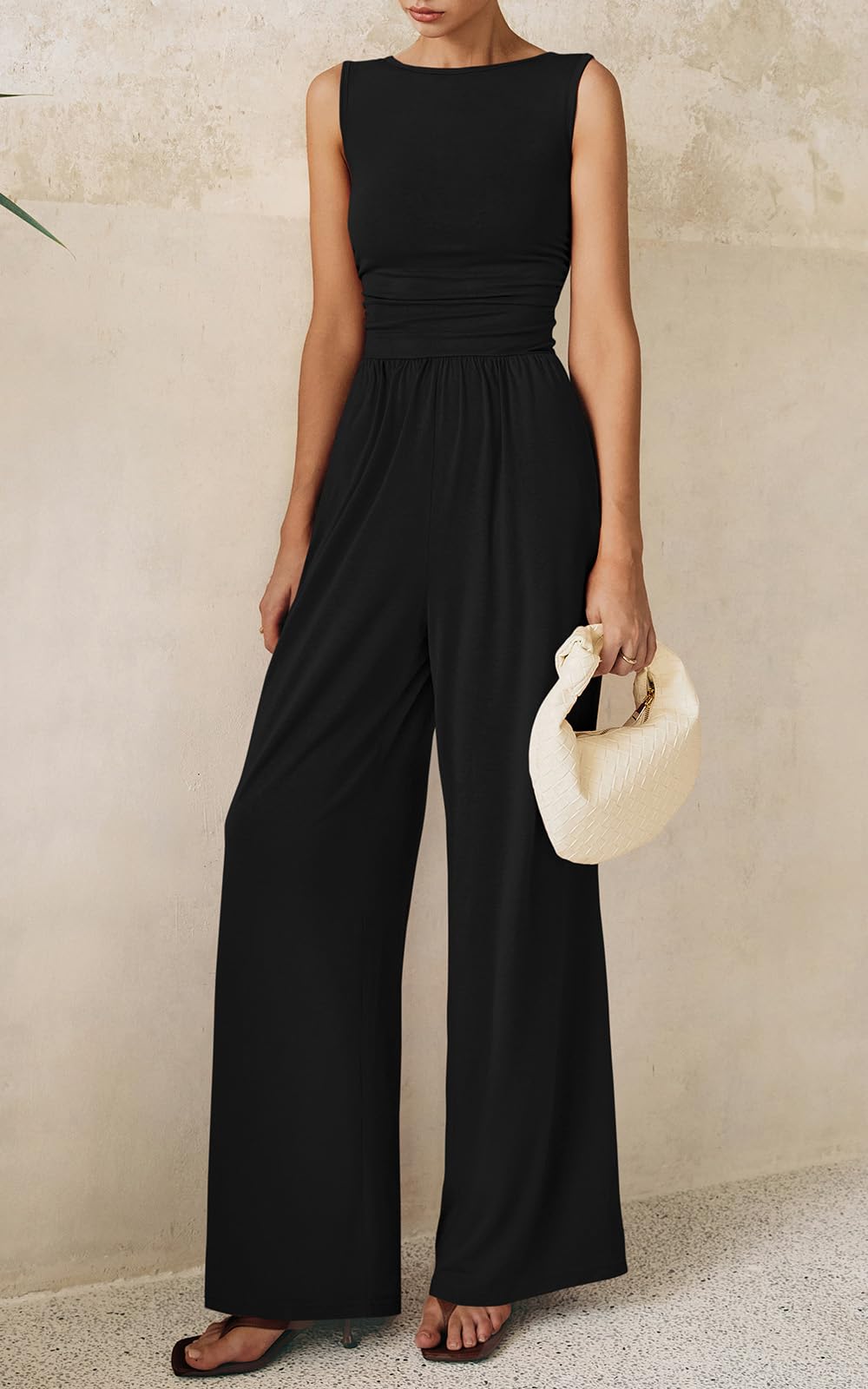 PRETTYGARDEN One Piece Jumpsuits for Women Dressy Casual Sleeveless Crewneck Wide Leg Rompers Jumpers 2026 Vacation Summer Outfits(Black, M)