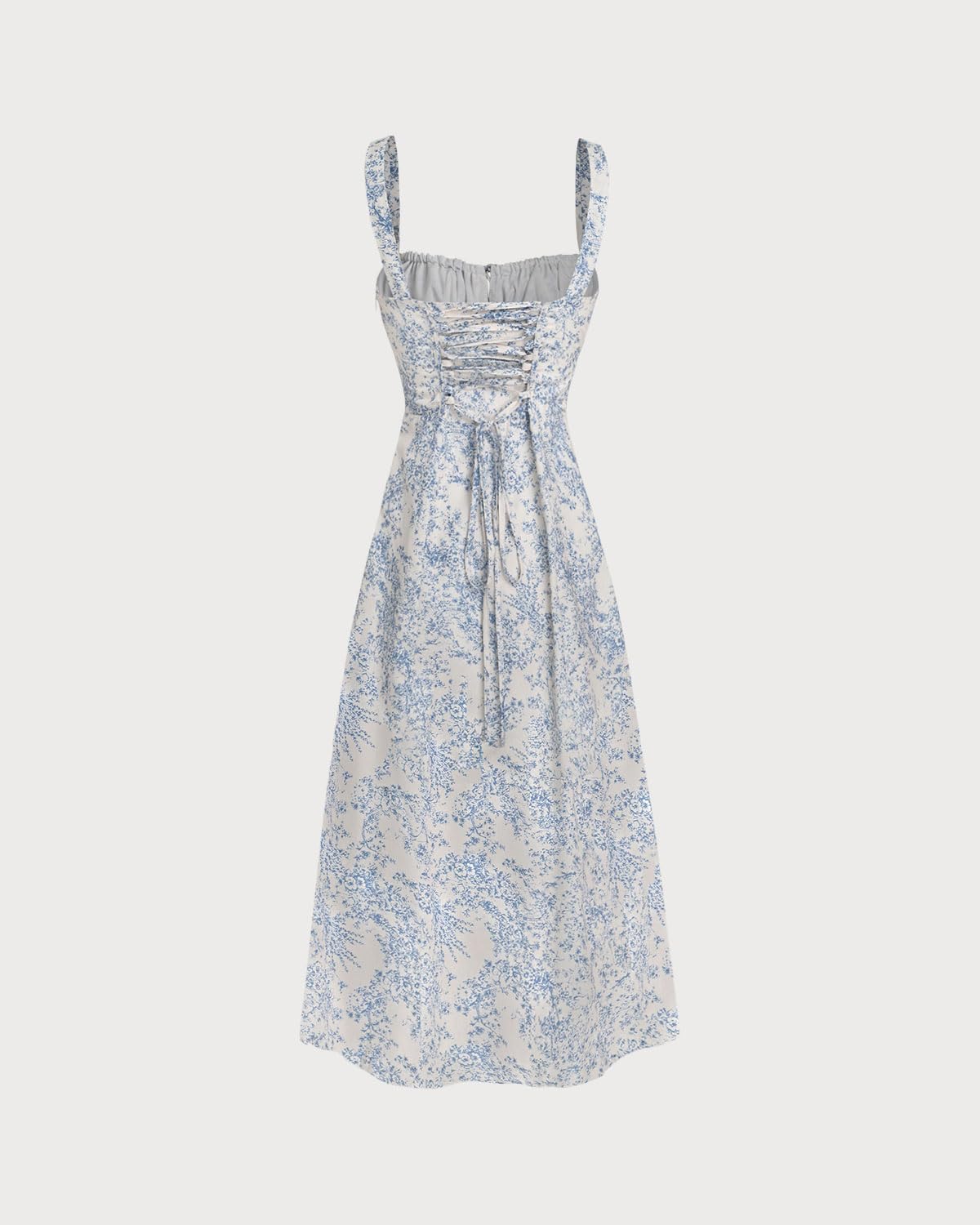 Women Summer Dresses Vintage Square Neck Adjustable Bust Floral Dress Short Sleeve A-Line Midi Dress Blue Floral M